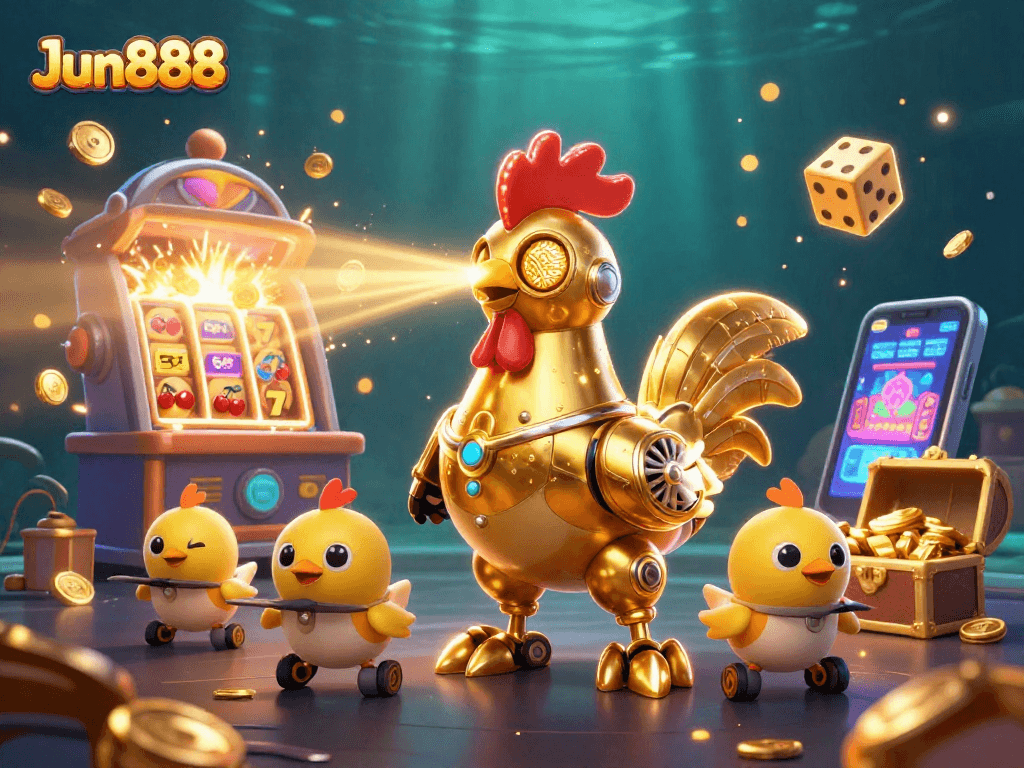 Experience thrilling gameplay with Jun888 as the golden rooster robot embodies the excitement of slot machines and jackpot wins.