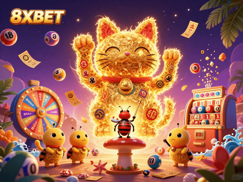 Engage with vibrant casino excitement featuring 8XBET's dynamic lucky cat and captivating lottery elements.