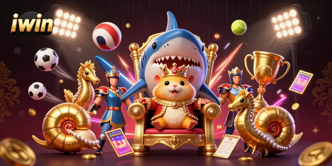 Experience the thrill of iwin with a vibrant casino scene featuring a golden hamster king and dynamic sports elements.
