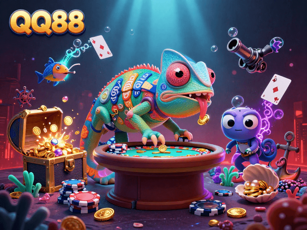 Experience the excitement of QQ88 with vibrant colors and energetic casino elements.