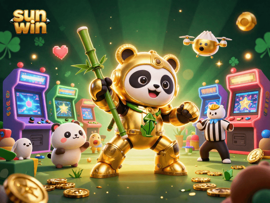 Engage with sun win as the glorious golden panda robot battles in a vibrant casino arena.