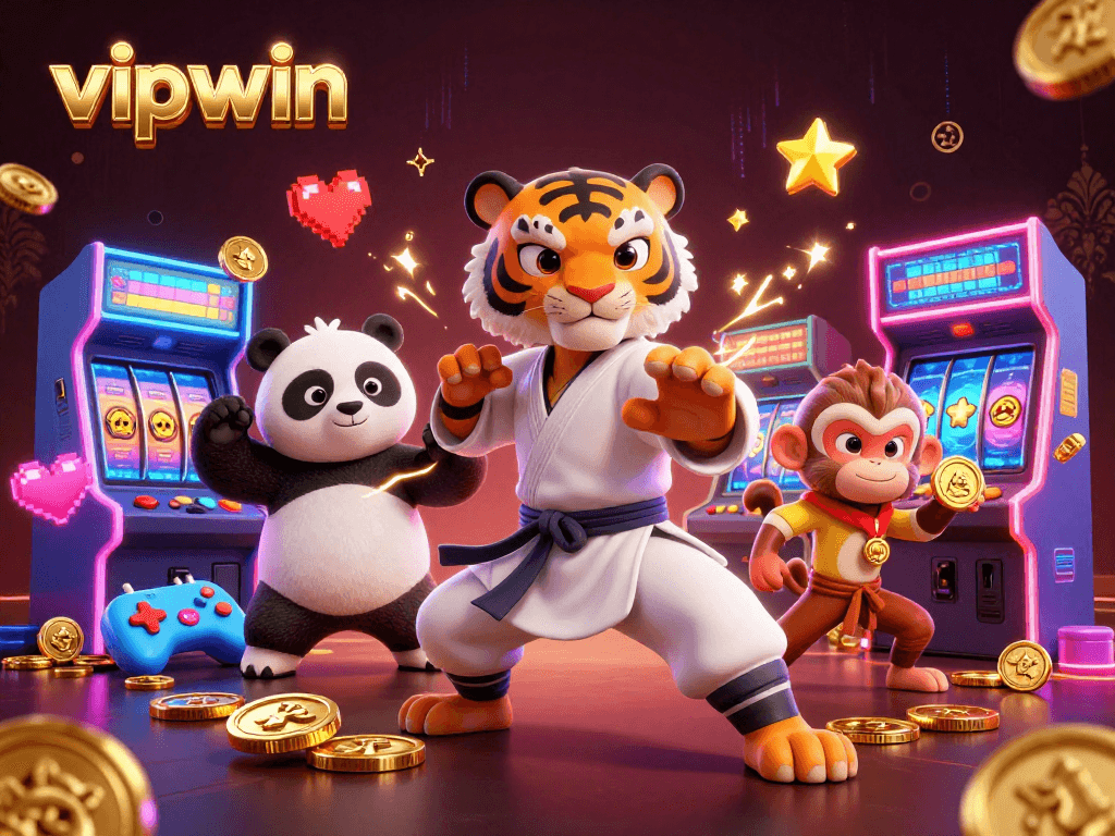 Engage with thrilling gaming moments at vipwin, depicted by a kung fu tiger mastering games surrounded by vibrant casino visuals.