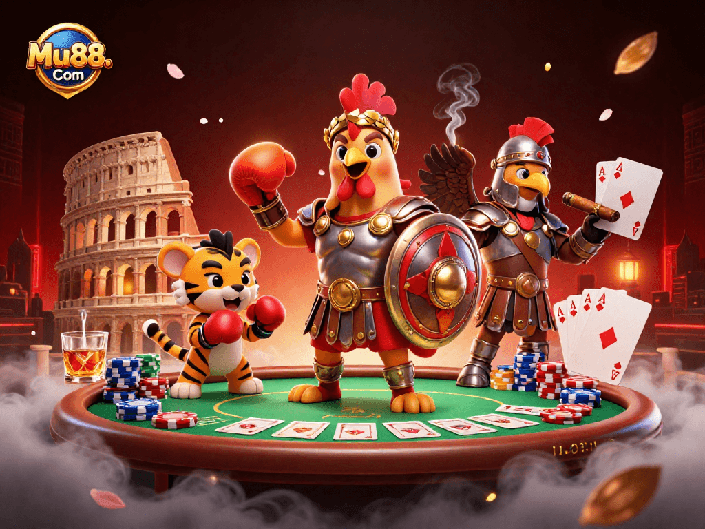 Engage with high-stakes poker at Mu88. Com featuring a vibrant 3D casino scene.