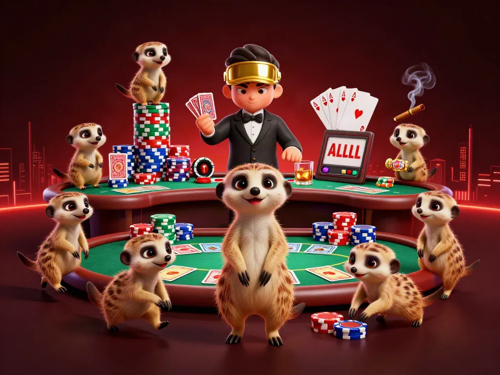 8XBET meerkats operating a vibrant casino scene, showcasing poker tables and high-stakes chips.