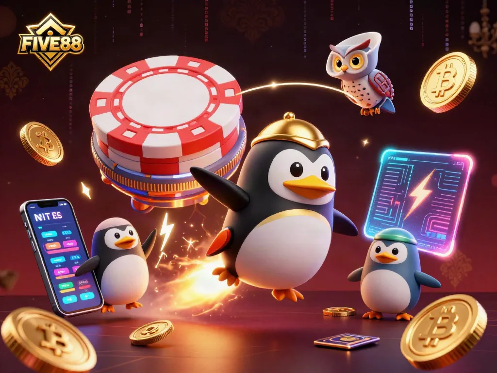 Experience thrilling gameplay at FIVE88 with a vibrant illustration of an animated penguin journeying through a casino galaxy.