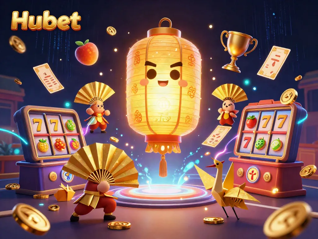 Hubet captures excitement with a giant golden lantern spirit symbolizing luck in an online casino setting.