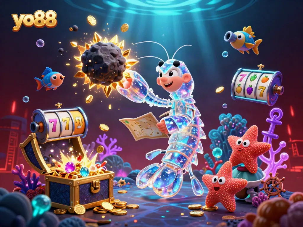 Engage with thrilling yo88 gameplay featuring a galactic mantis shrimp and slot reels amidst explosive gems.