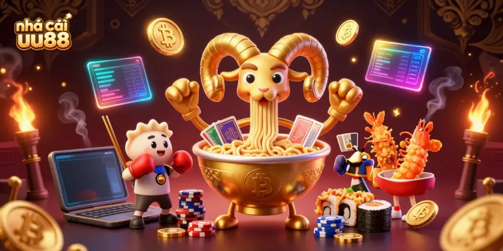 Engage with thrilling games at nhà cái uu88, featuring vibrant characters like a golden ramen bowl dealer amidst dynamic action.