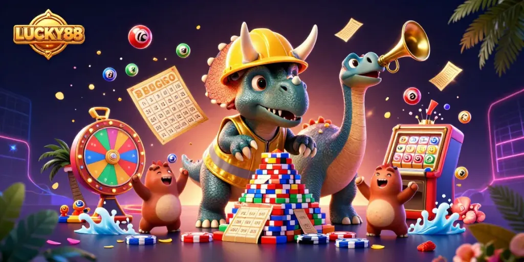 Experience the thrill of LUCKY88 with a dynamic scene featuring vibrant game elements and lively characters.
