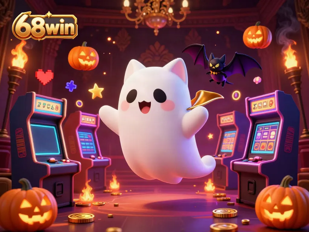 The ghost cat from 68win floats through a haunted casino with a vampire bat, surrounded by glowing game elements.