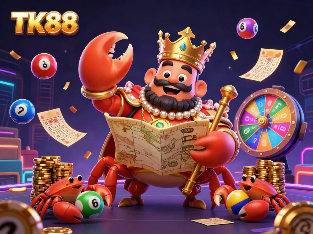 Experience exciting gameplay with TK88 in an ultra-detailed casino scene featuring a golden crab emperor.