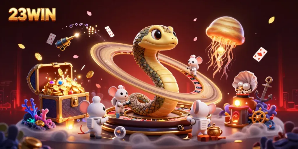 Experience exciting bets with 23WIN in this vibrant casino-themed cosmic scene featuring engaging characters.