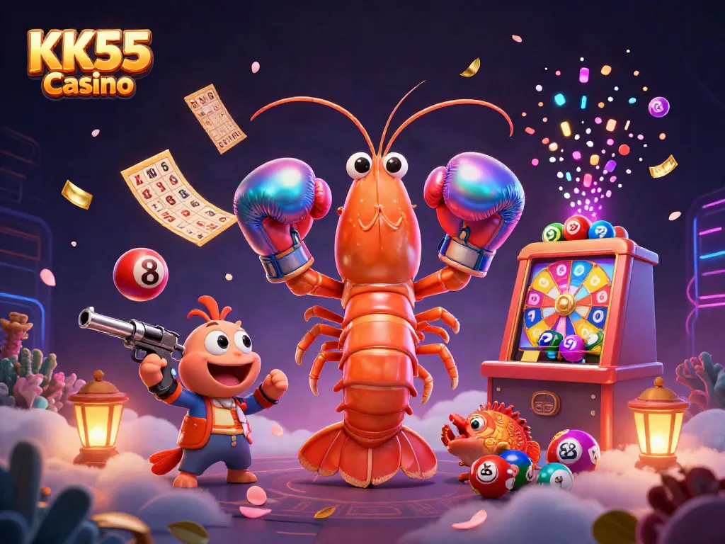 Experience thrilling gameplay with KK55 Casino's vibrant cartoon scene featuring exciting game elements.