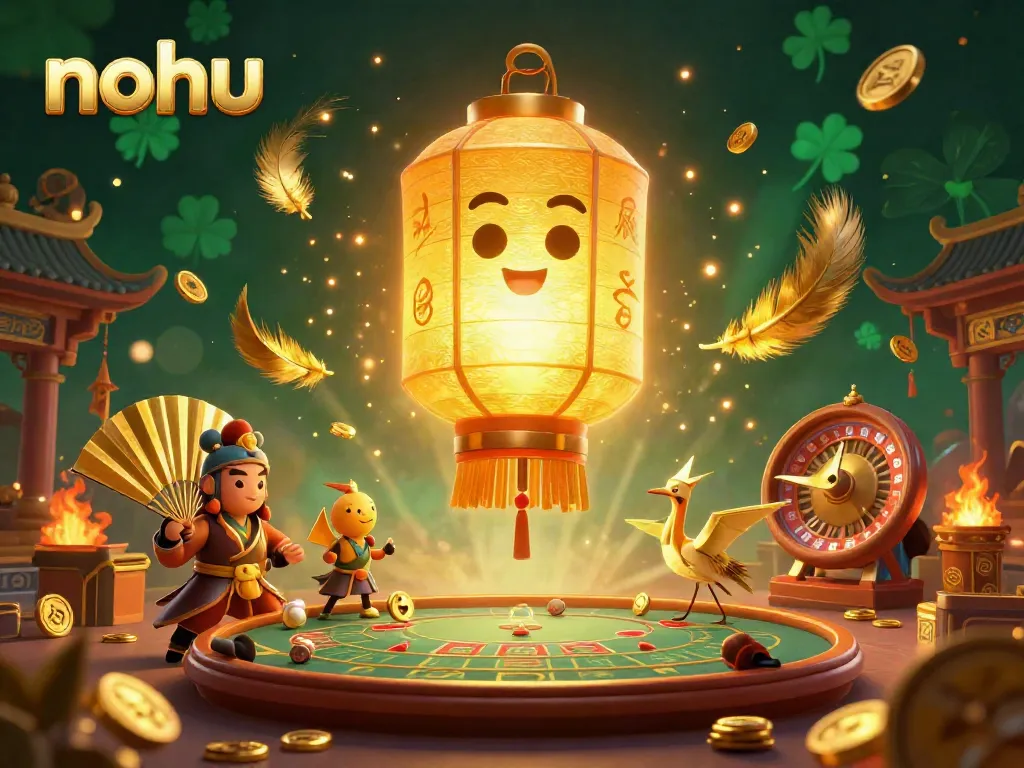 Nohu live casino features a golden spirit and paper fan warriors in a dynamic gaming atmosphere.