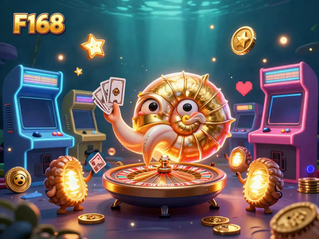 F168 showcases an illustrated giant nautilus as a roulette wheel, immersed in vibrant casino themes.