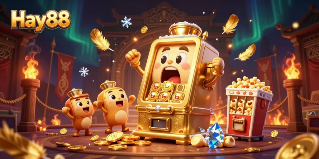 Experience the excitement of Hay88 as a golden slot machine hits the jackpot surrounded by cheering mini machines.