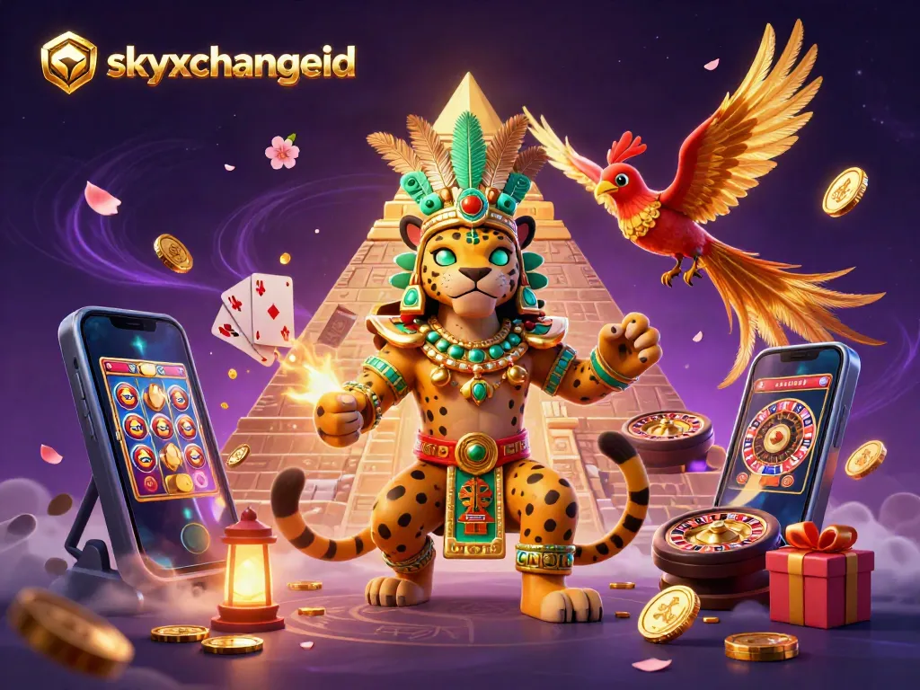 Experience thrilling gaming action with skyxchangeid's vibrant illustrated casino scene, showcasing a jaguar priest and a quetzal bird amidst dynamic slot games.