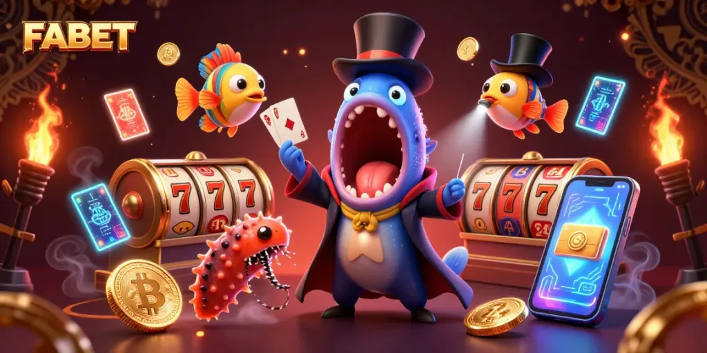 FABET showcases a vibrant 3D casino illustration with characters performing magical tricks amidst slot reels and crypto coins.