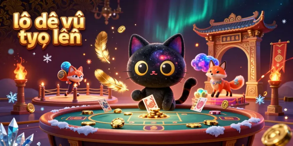 Engaging lô đề trực tuyến scene featuring a black hole cat and nebula fox at a cosmic casino table, pulling in golden chips.