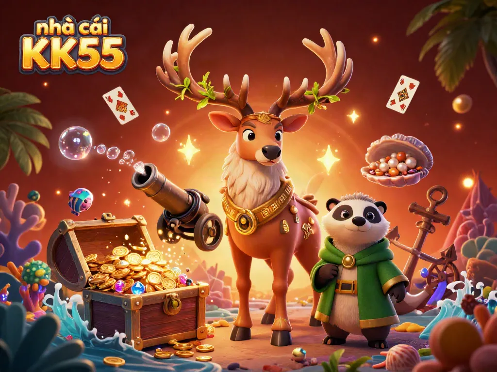 Experience vibrant gameplay at nhà cái KK55 with a captivating 3D casino illustration featuring magical elements and exciting treasures.