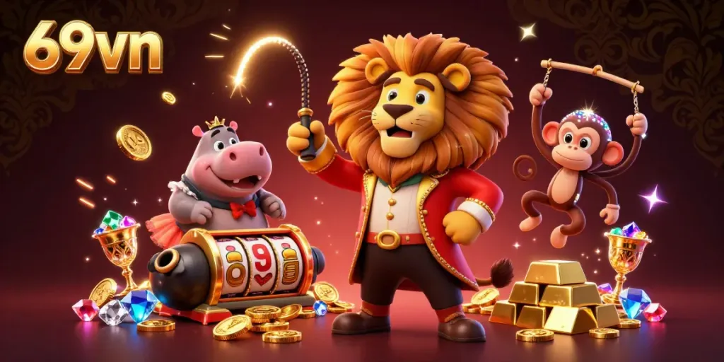 Experience thrilling gaming adventures with 69vn's vibrant 3D circus-inspired casino scene.