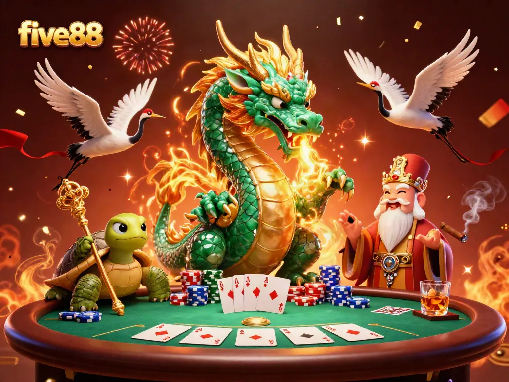 Experience epic gaming with five88, featuring a jade dragon and poker elements in a vibrant casino scene.