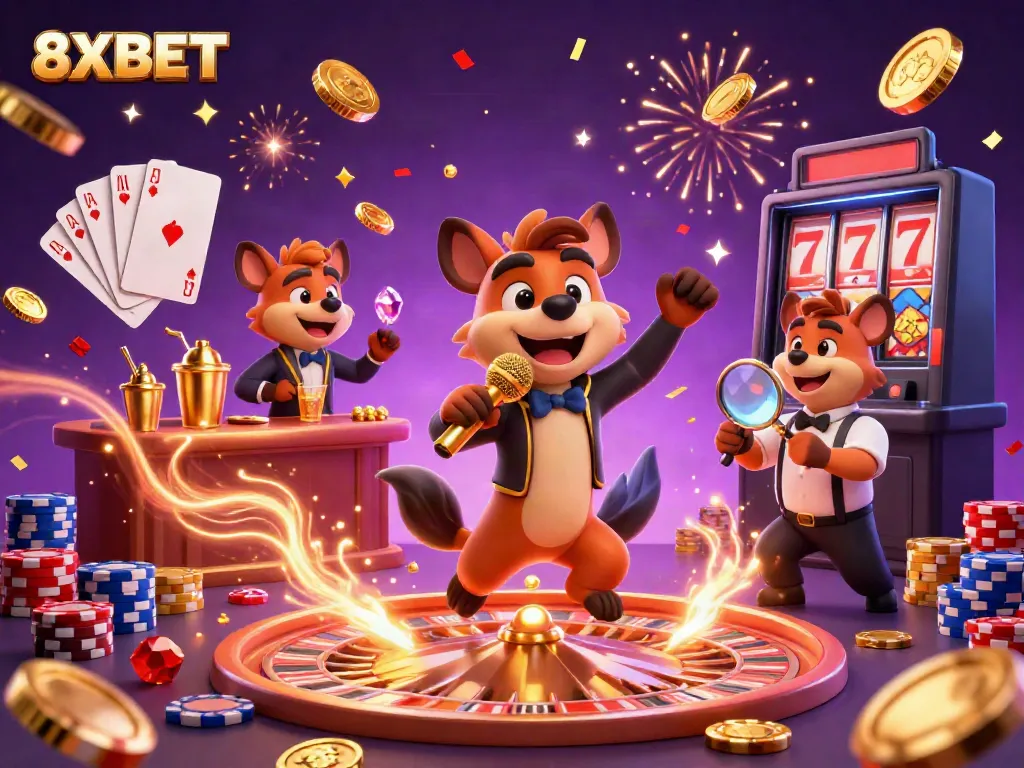 Experience vibrant casino fun with the 8XBET hyena crew standing out energetically in a colorful scene.