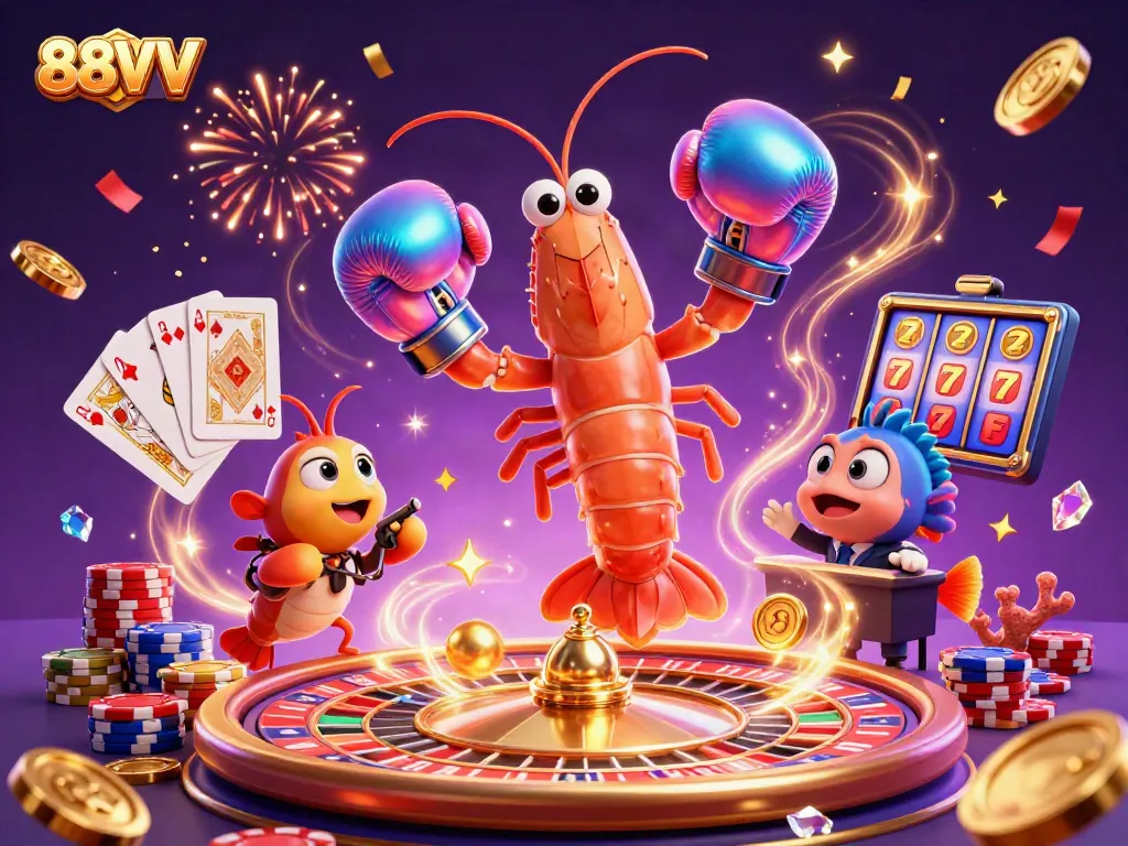 Experience thrilling gameplay with 88VV as 3D cartoon characters celebrate winning casino action amid flying coins and dazzling effects.