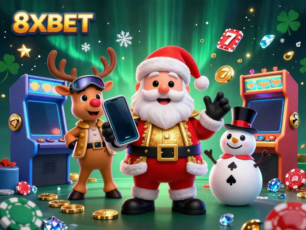 Experience the thrill of 8XBET with Santa and friends celebrating jackpots in a vibrant casino.