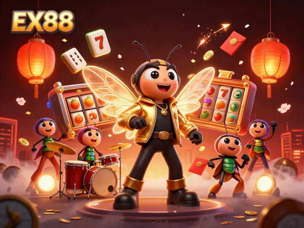 Experience the thrilling world of gambling with EX88, featuring dynamic characters, fruit symbols, and a vibrant casino atmosphere.