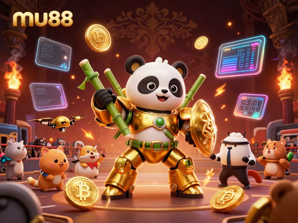 Experience thrilling gameplay at mu88 with a futuristic mech-suit panda in a vibrant casino arena.