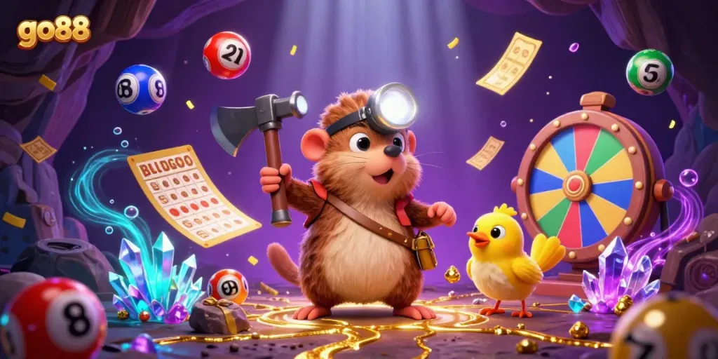 Play exciting games at go88 with our illustrated scene featuring dynamic lottery elements and treasure hunting.