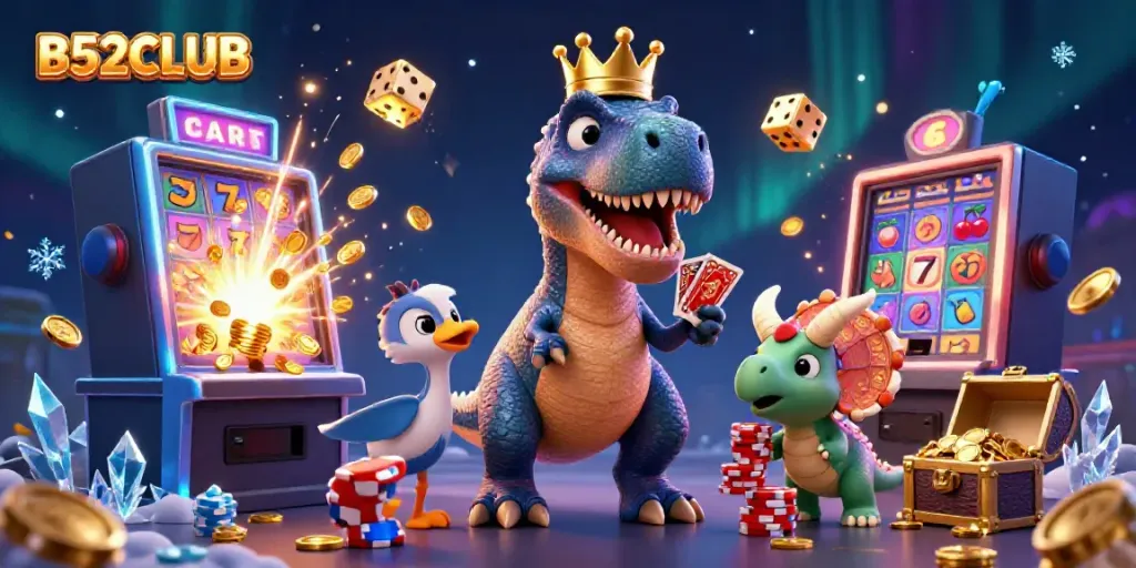 Engage with B52CLUB through a vibrant scene of a friendly T-Rex shuffling cards and a triceratops stacking golden chips.
