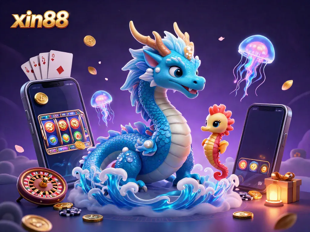 Spin to win with xin88, featuring ocean dragon and seahorse knight amidst casino games.