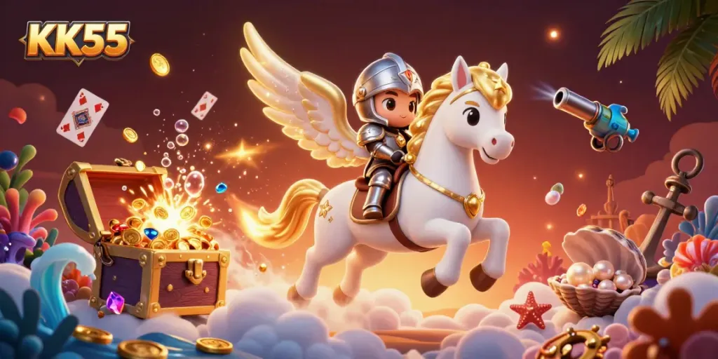 Experience thrilling wins at KK55 with a dynamic 3D illustration of a celestial horse amid gaming treasures.
