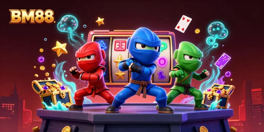 BM88-themed illustration showcasing ninja chameleons in action with slot reels and vibrant casino elements.