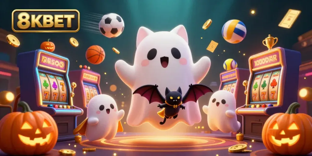 Experience thrilling gameplay with the 8KBET ghost cat in a vibrant casino, surrounded by glowing elements.