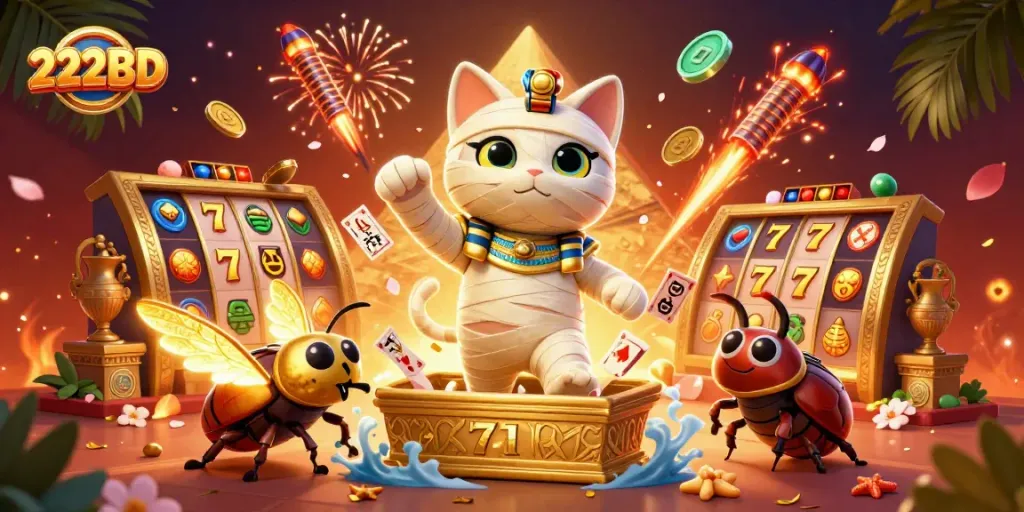 Join the excitement with 222BD at an animated casino scene featuring Egyptian themes and vibrant slot elements.