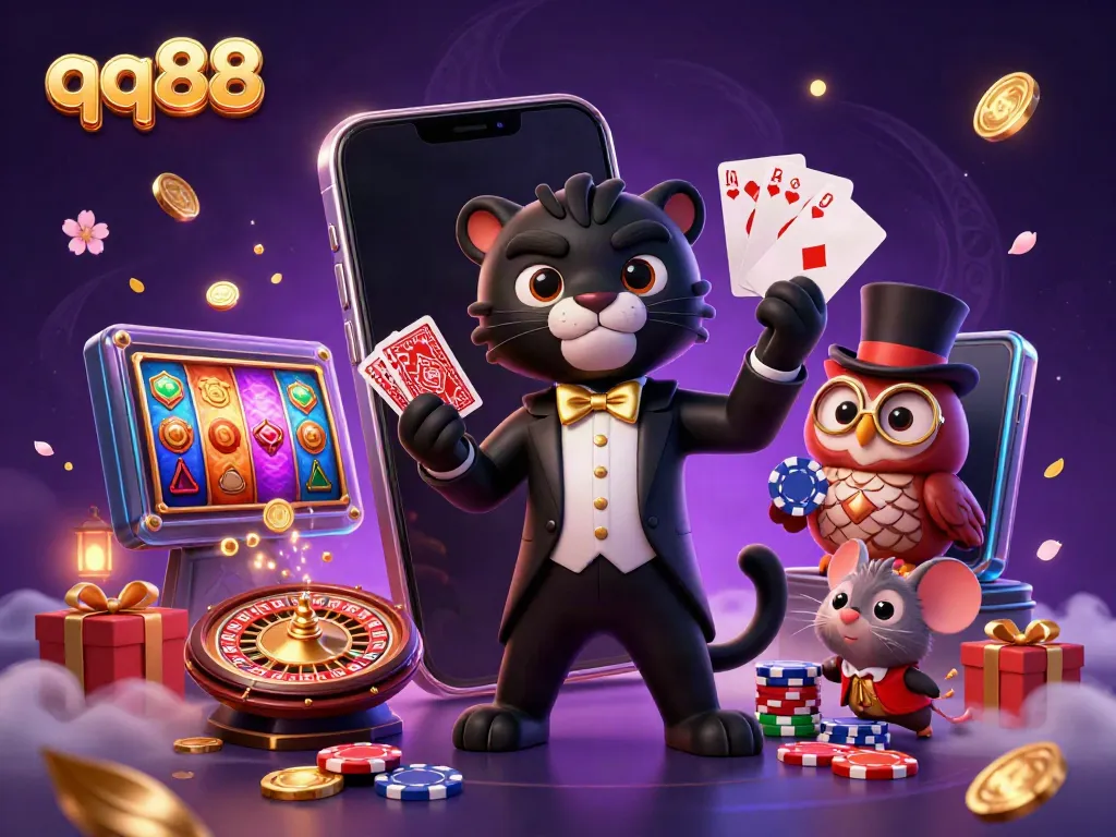 Experience the thrill of qq88 with this lively casino illustration featuring stylish characters and vibrant game elements.