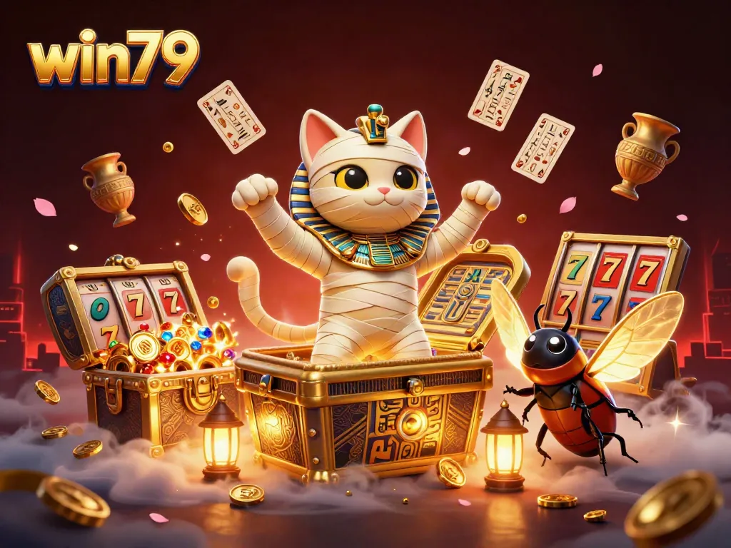 Experience the thrill of win79 with a captivating mummy cat and dynamic casino elements.