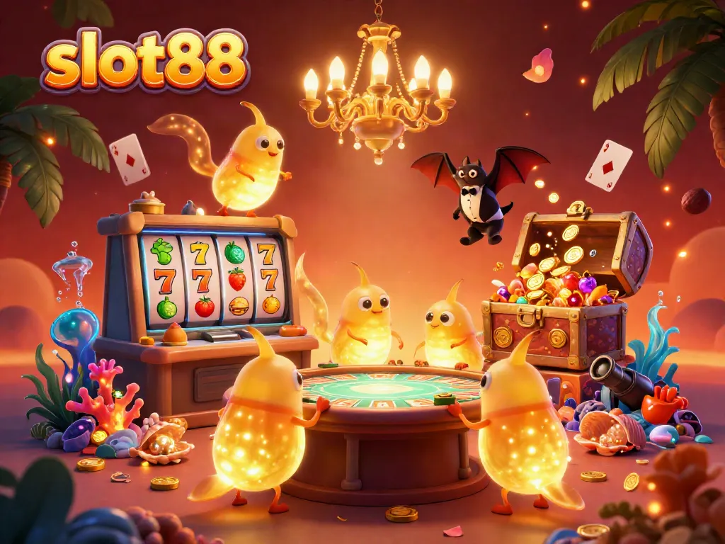 Experience the excitement of slot88 with a vibrant casino illustration filled with glowworms and gaming elements.