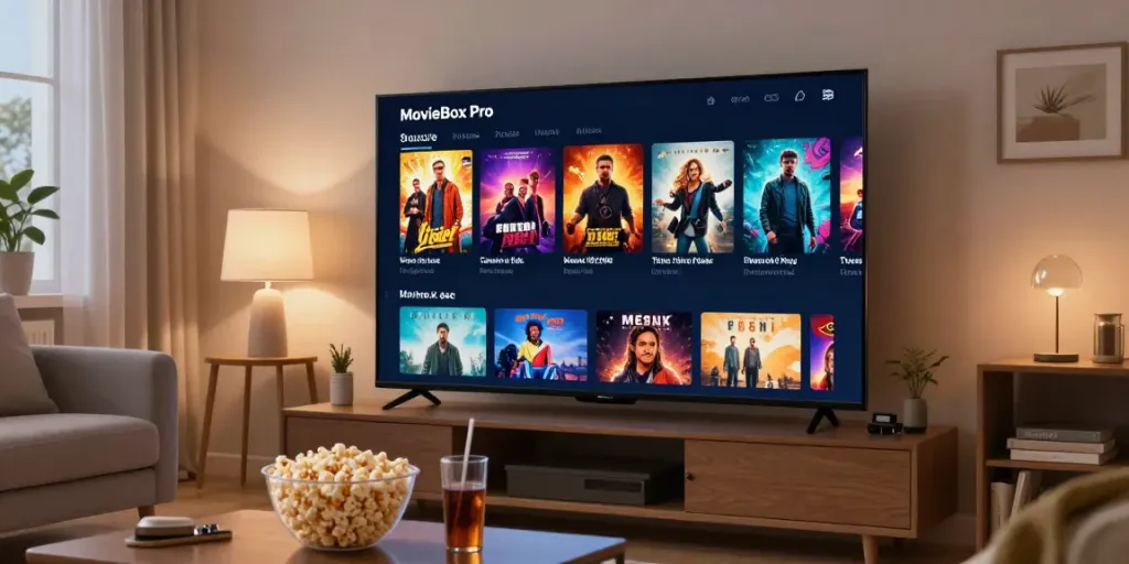this website showcasing MovieBox Pro app interface on a digital device in a cozy home setting.
