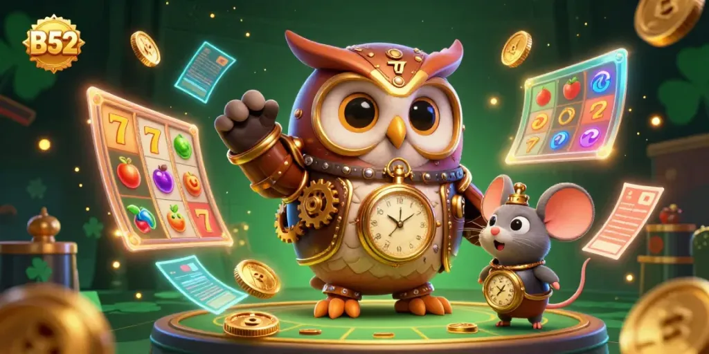 Experience thrilling B52 casino action with time-traveling owl and steampunk elements in vibrant scene.