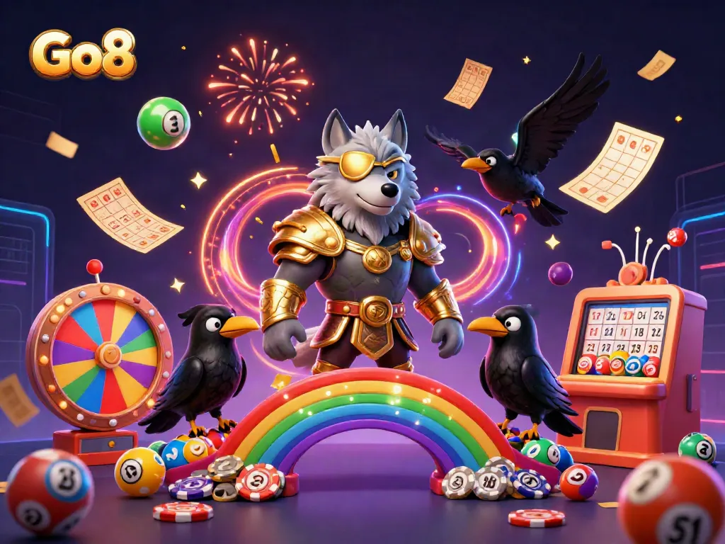 Go8 illustration featuring a mythological Odin wolf amidst vibrant casino elements like lottery balls and chips.