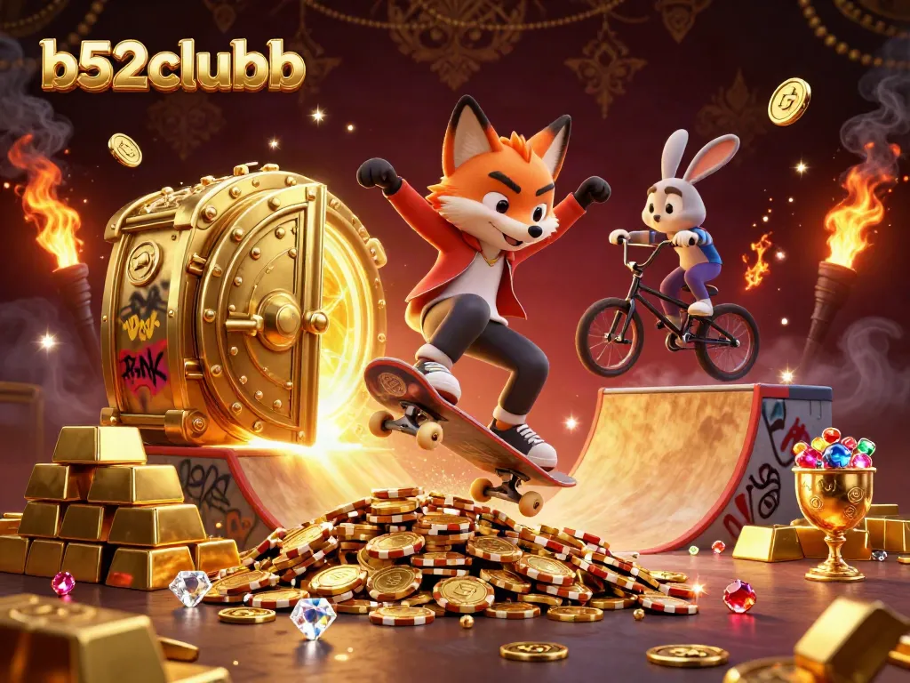 b52clubb showcases thrilling 3D cartoon action with a skateboarding fox and BMX rabbit in a vibrant casino scene.