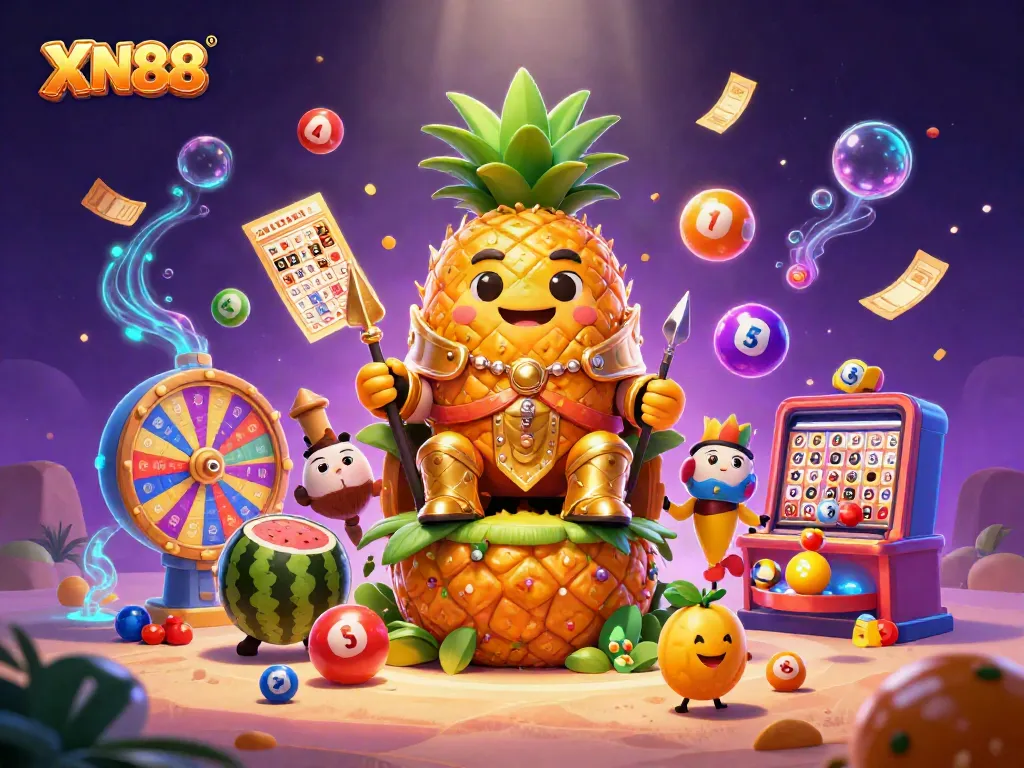 X88 brings excitement with a dynamic casino scene featuring a golden pineapple king and lottery elements.