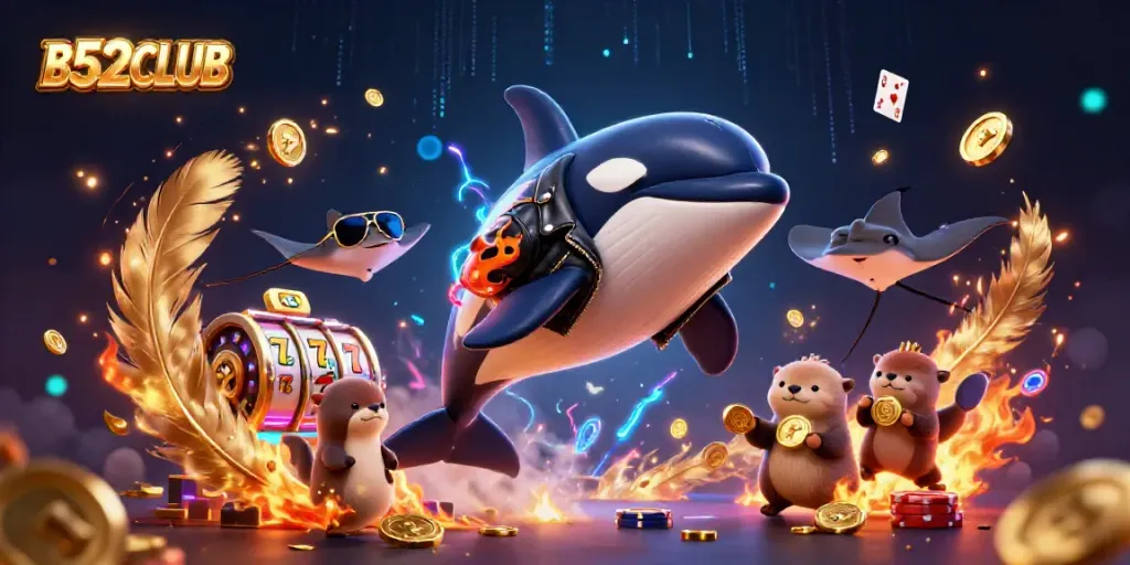Experience B52CLUB excitement with a thrilling casino scene featuring an orca, stingray, and otters.