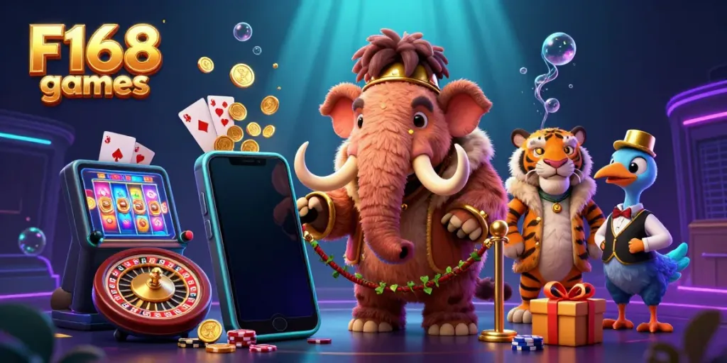 Experience F168 games with vibrant slot reels amid lively characters in a dynamic casino setting.