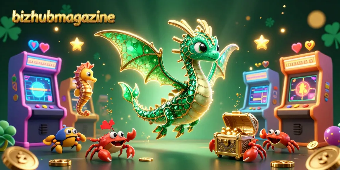 Experience thrilling moments with bizhubmagazine's vibrant gaming illustration featuring a sea dragon and treasure chest.