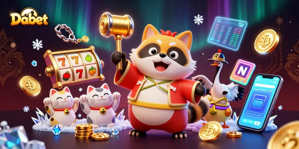 Dabet showcases a dynamic scene with a cheerful tanuki and colorful cats engaging in lively slot games.